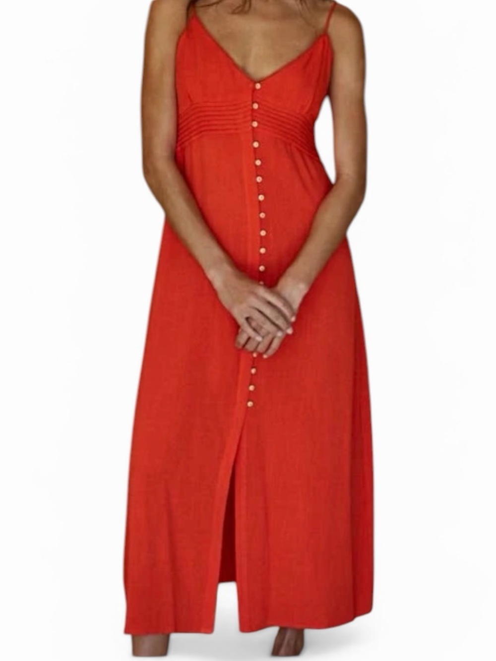 By Together Red-Orange Button-Front Maxi Dress with Spaghetti Straps